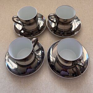 Georg Jensen Fitz & Floyd Platinum Shine Espresso Set of 4 Cups and Saucers